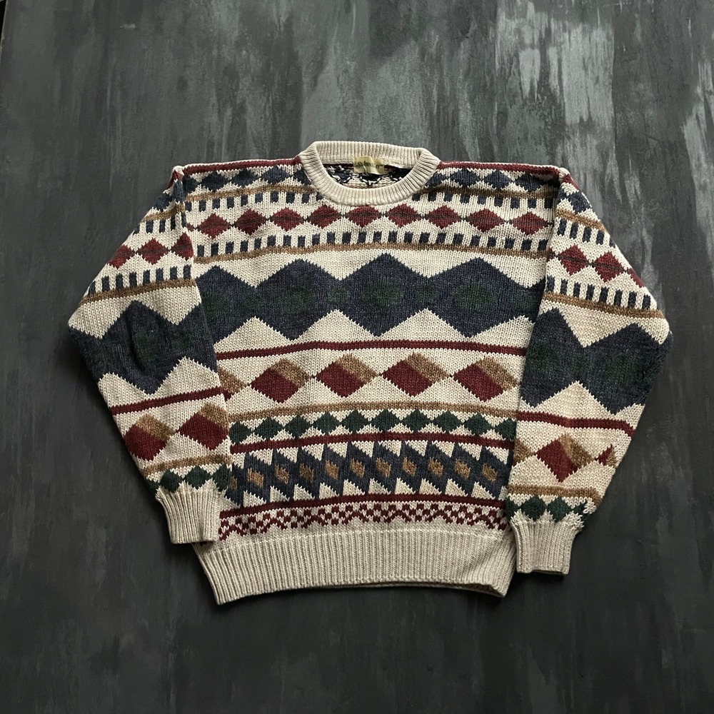 Vintage Geometric Southwestern Knit Sweater Mens Medium white 1990s St Johns Bay